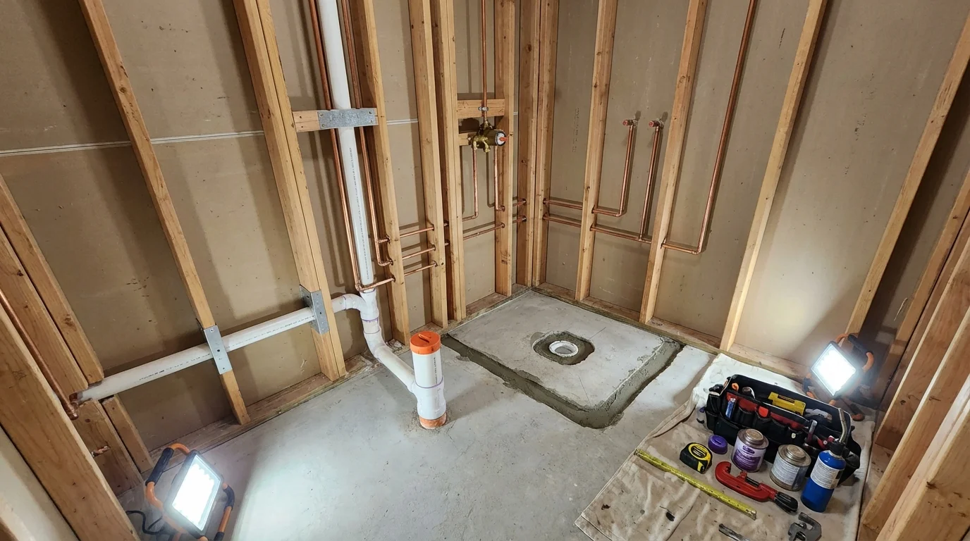 Bathroom rough-in plumbing during remodel by Johns Plumbing LLC in Spring Lake