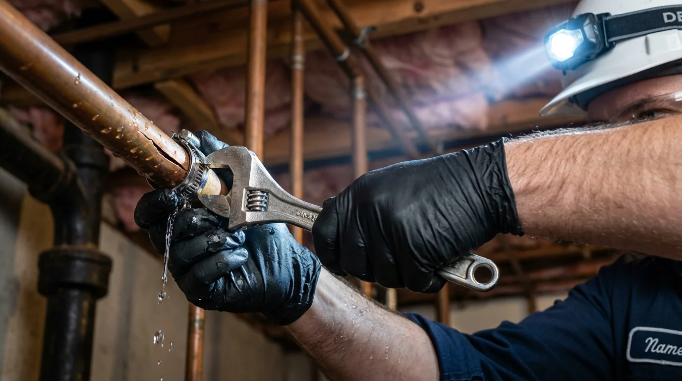 Emergency pipe clamp repair being performed by a Johns Plumbing LLC plumber in Spring Lake