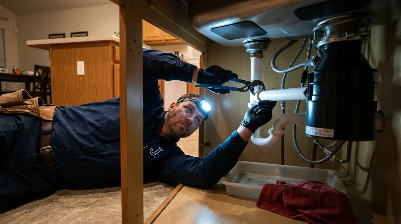 P-trap and supply line connections under a kitchen sink showing a common leak point in Spring Lake, NJ